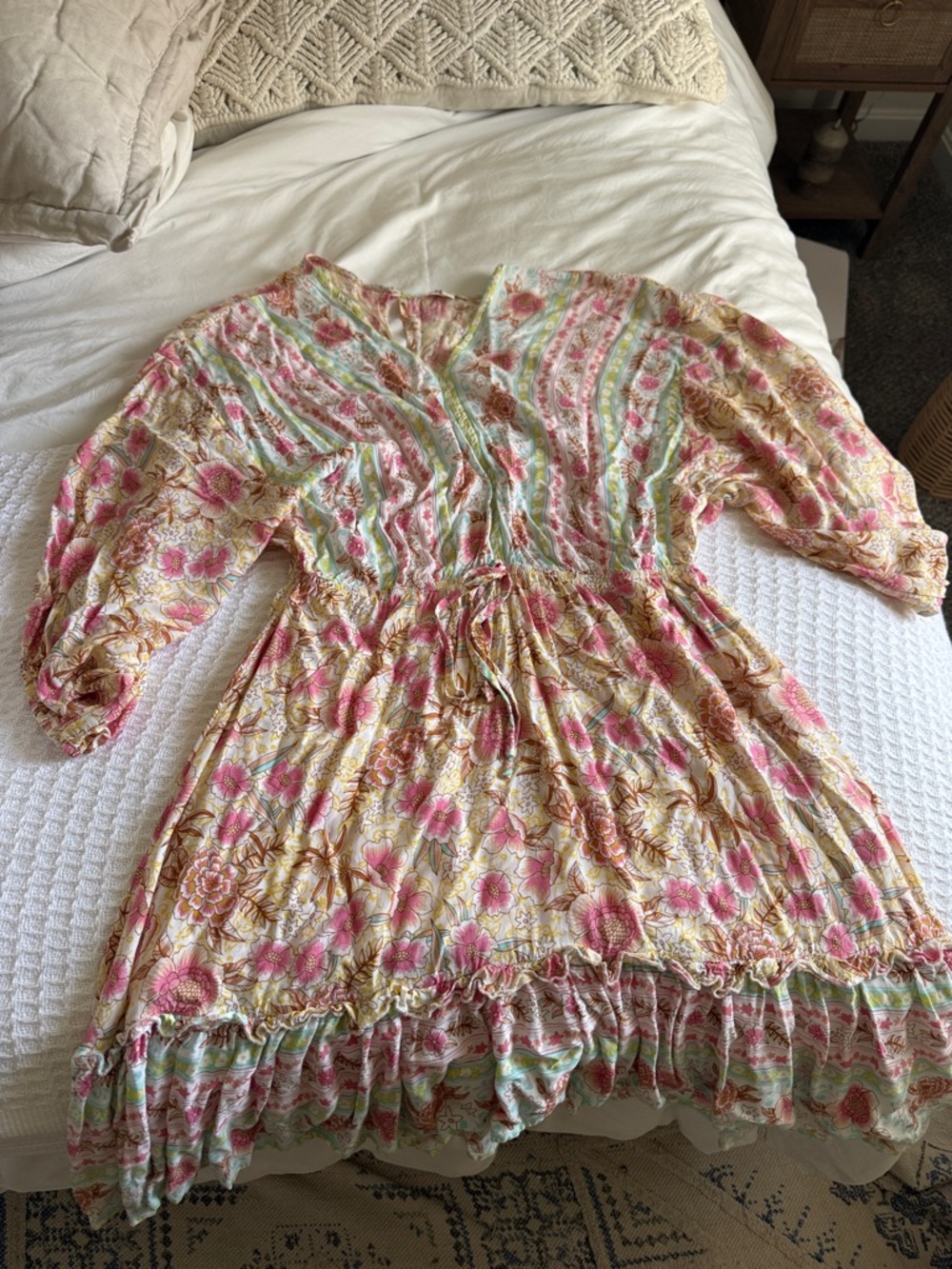 Umgee Pink and Cream Floral Tie-Waist Casual Dress